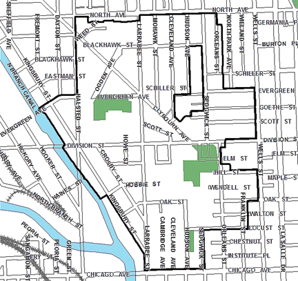 Near North TIF district, roughly bounded on the north by North Avenue, Chicago Avenue on the south, Wells Street on the east, and Kingsbury Street and the North Branch of the Chicago River on the west.